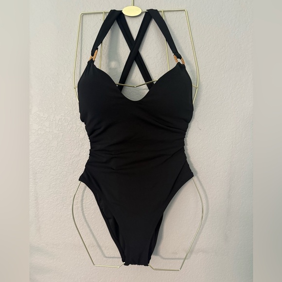 New! Robin Piccone Margot Lace-Up Back One-Piece
Swimsuit Black Sz 8 $168 - Picture 7 of 9